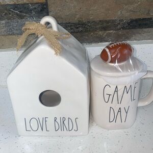 Rae Dunn White Love Birds Birdhouse and Game Day Mug Set